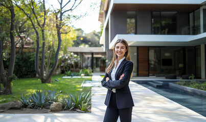 Fototapeta premium Female real estate agent luxury property. Real estate saleswoman modern home. Real estate agent advertising photo.