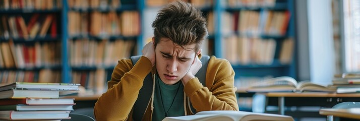 A student sits alone at a desk in an empty classroom, surrounded by books and papers, looking overwhelmed and frustrated