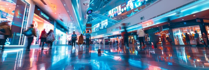 Shoppers stroll through a bustling, futuristic retail space illuminated by bright neon lights and holographic advertisements