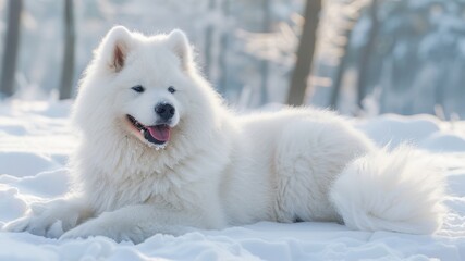 Fototapeta premium Samoyed: With their fluffy white coats and friendly demeanor. Samoyeds are recognized for their smile-like expressions, which highlight their warm and charming personalities. 