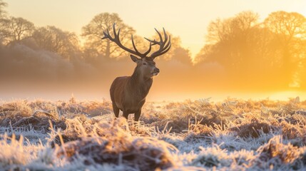 Majestic Red Deer in a Frosty Sunrise