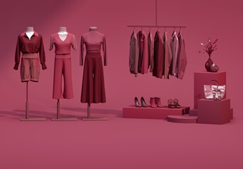 Clothes on sand dune background with sun shadow. Collection of clothes hanging on a rack in viva magenta colors. 3d rendering, store and bedroom concept	