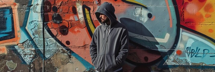 A man in a grey hoodie stands confidently against a vibrant graffiti wall, showcasing street fashion