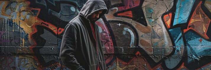 A man in a casual hoodie stands confidently against a wall covered in vibrant graffiti. The photo captures his street style and the urban environment