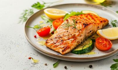 Grilled fish salmon and vegetables on a plate on light rustic background