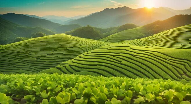 Green tea field agriculture with sunset over mountain 4k animation