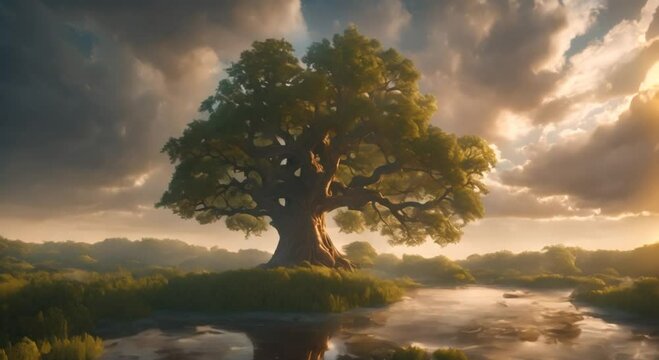 Mythical folklore Yggdrasil world tree of life with flowing clouds 4k animation