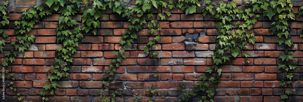 Poster a close-up of a rustic brick wall with green ivy growing across it, creating a textured backdrop per