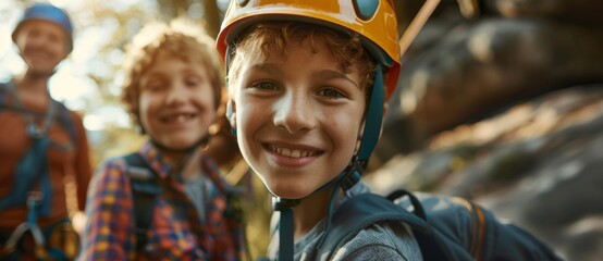 At an adventure park, father and son climb together.