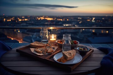 Served Dinner Table on Roof Terrace, Evening Food with Wine, Romantic Candles, Old Town View