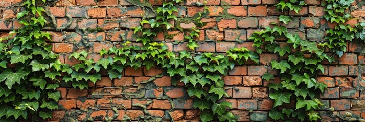 Green ivy vines climb a red brick wall, creating a textured backdrop ideal for nature-themed...