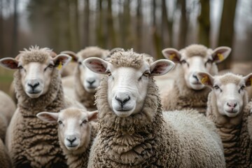 A Flock of Sheep Standing Close Together in a Forest