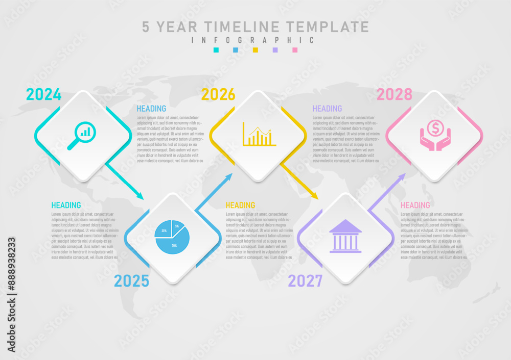 Poster 5 year timeline infographic the gray square button has multi-colored icons in the middle, on the sid