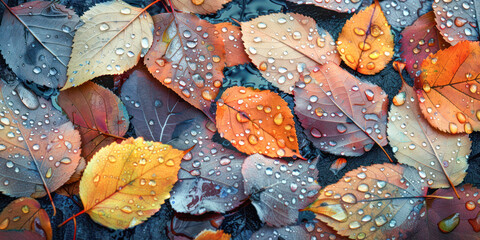 Raindrop-Covered Autumn Leaves Close-Up. A vibrant close-up of colorful autumn leaves covered in raindrops, showcasing the beauty and texture of the fall season.