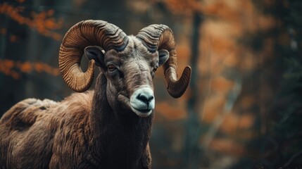 Portrait of a Majestic Bighorn Sheep in Autumn Woods