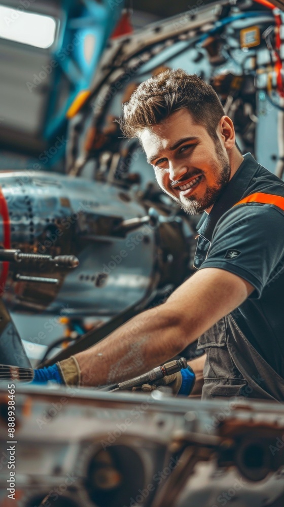 Aufkleber A man is smiling while working on a machine