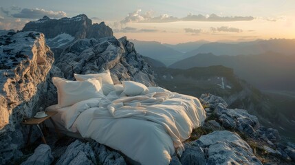 Set on a mountain peak, this bed features white linens, creating a picturesque outdoor sleeping arrangement. Occasions include advertising for tourism and adventure.