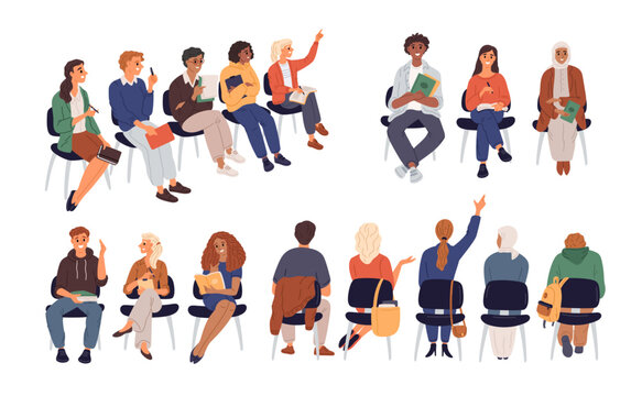 Seated students rows. Young boys and girls at lecture. Side, front and back view. Concert spectators. Men and women sitting on chairs. University and college audience. Garish vector set