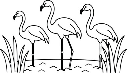 flamingos group standing in a wetland line art vector illustration, tropical bird flamingo line drawing   © Trendy CraftSVG 