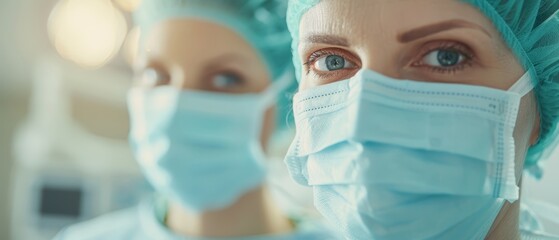  A tight shot of two mannequins in surgical attire and facial masks Their features are accentuated with blue hair and eyes