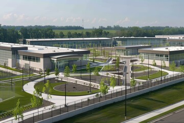 Aerial view of modern penitentiary center at dusk