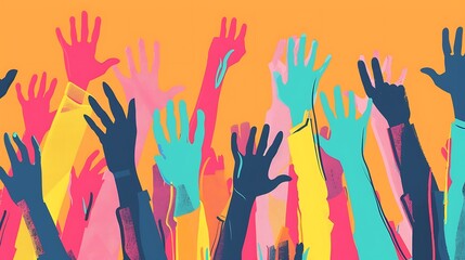 Fototapeta premium Audience with hands up, minimalist vector art, bright tones
