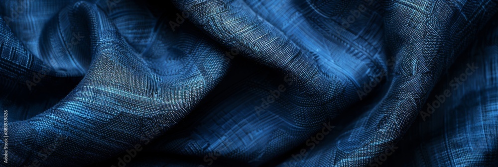 Poster close-up view of textured deep blue fabric with subtle patterns, draping softly. creates depth and m