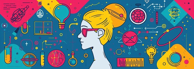 Pop art learning, colorful educational symbols, flat design illustration