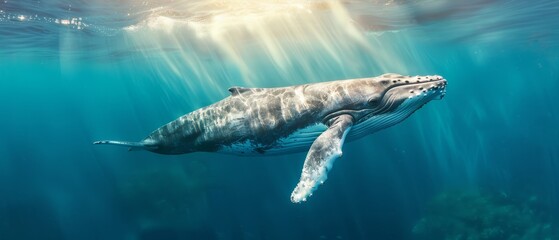 Fototapeta premium A humpback whale swims beneath the water's surface as sunlight streams through it