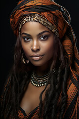 Woman in tribal attire with intricate jewelry and headscarf
