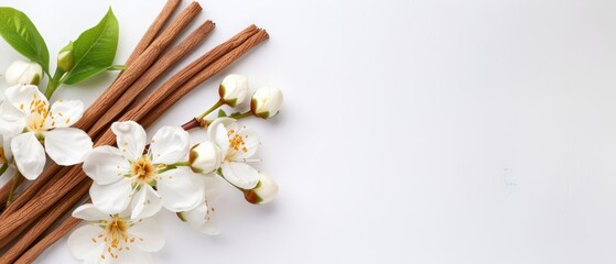 Fototapeta premium A collection of cinnamon sticks adjacent to white flowers on a pristine white surface, adorned with verdant green foliage