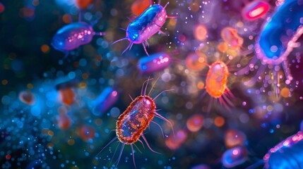 Naklejka premium Microorganism Life Cycle ,Science microscopic background, Microscopic view of various types of microorganisms Illustration image