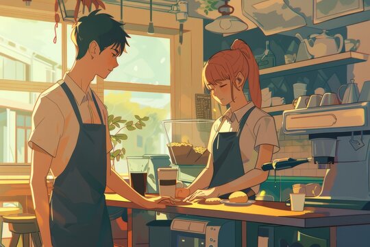 In a quaint cafe, a barista adjusts their apron with a friendly nod to a regular customer, the atmosphere buzzing with warmth and the scent of coffee, cozy vibe, Generative AI