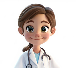Doctor illustration in cartoon 3d style. Cute female doctor with brown hair and big eyes, smiling in white coat with stethoscope around neck, isolated on white background