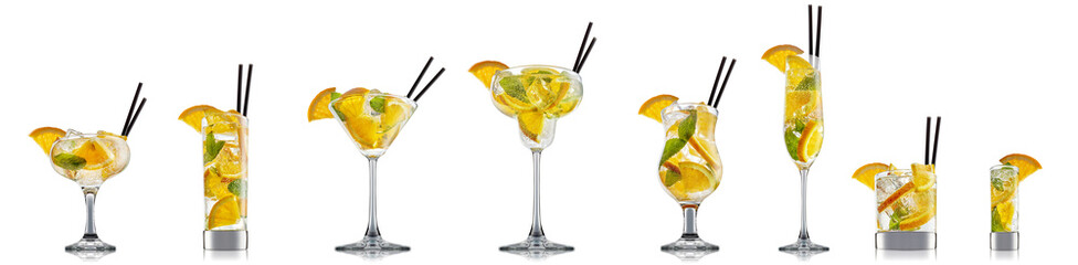 Set of cocktails with decoration from fruits isolated on white background