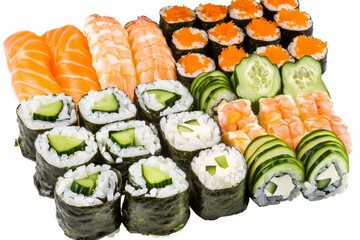 Various Maki Sushi Set Isolated on White Background Top View. Baked Norimaki Rolls