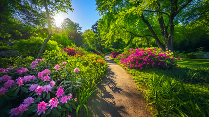 Pathway through a vibrant garden filled with blooming flowers and lush greenery