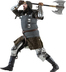 Attack. Full-length portrait of brutal serious man, medieval knight swinging ax, ready to fight...