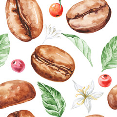 Coffee beans with leaves and berries watercolor seamless pattern