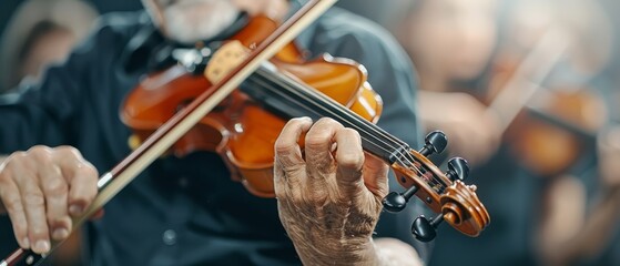  A tight shot of an older musician in a black shirt playing a violin, his long white beard framing his face