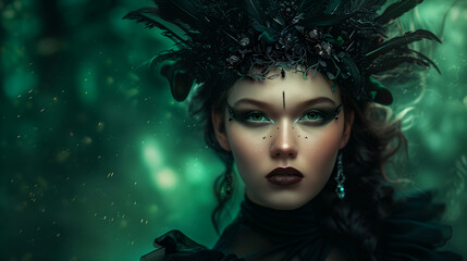 Enchanting queen in emerald green with jeweled crown