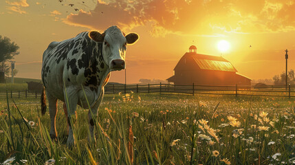Obraz premium Sunset over a dairy farm as a farmer milks a cow, the barn in the background