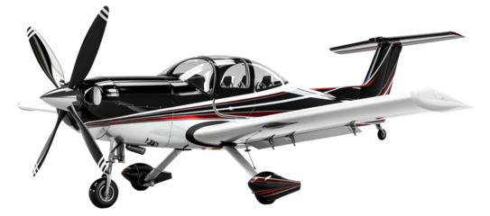 Modern black and white airplane side view. Detailed view of aircraft's propeller and cockpit.