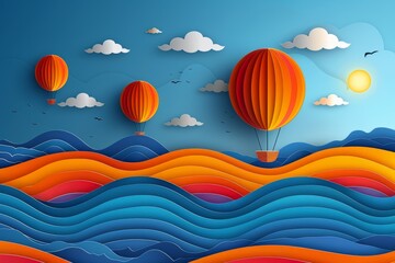 Bright hot air balloons over a colorful landscape creating a cheerful and lively scene