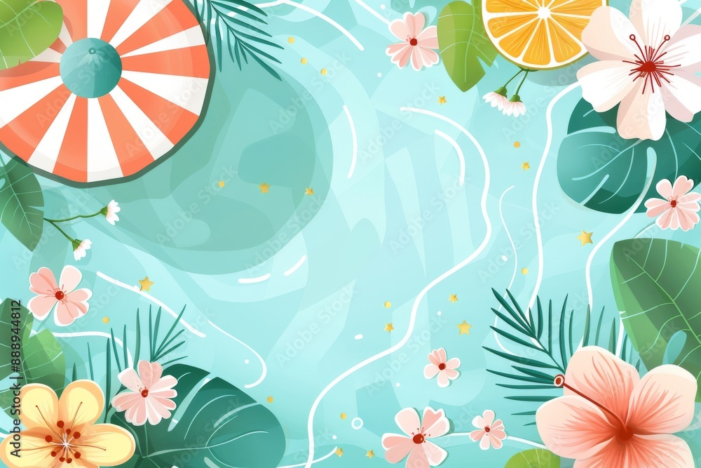 Poster refreshing summer pool with colorful inflatables and floral decorations creating a cheerful and live