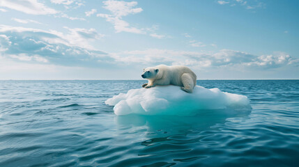 Fototapeta premium Polar bear on a small iceberg that is melting in the middle of the ocean. Global warming, cimate change