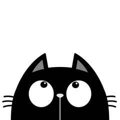 Black peeking cat face head silhouette looking up. Big eyes. Cute cartoon character. Kawaii kitten animal. Baby card. Pet collection. Flat design. Sticker print. White background. Vector illustration