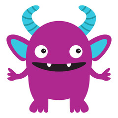 Fototapeta premium Violet monster standing. Happy Halloween. Cute monsters silhouette icon. Eyes, fangs, blue horns ears. Cartoon kawaii funny character. Childish style. Flat design. Isolated. White background. Vector