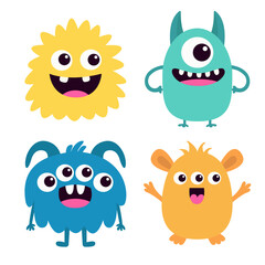 Cute monster set. Happy Halloween. Cartoon kawaii funny boo baby character. Colorful silhouette monsters. Different face. Teeth, eyes, horns, hands. Flat design. Childish style White background Vector