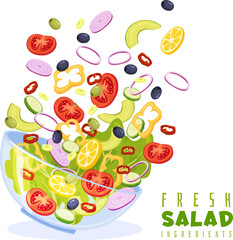 Flying fruit and vegetables slices. Chopped salad ingredients. Vegetarian bowl. Delicious dish. Fresh food products. Lunch cooking. Cucumber and tomato pieces. Recent vector banner